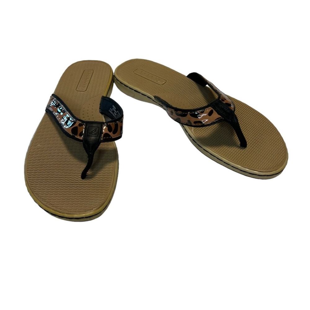 Sperry Top Sider Leather Flip Flop Sandals Tan Black Leopard Print Size 8m Comfy - Picture 3 of 15